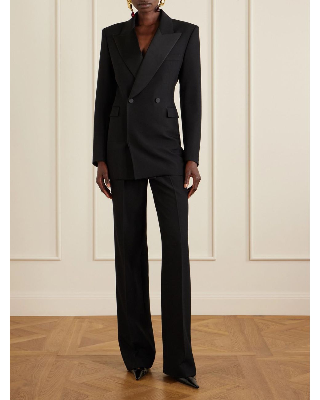 Saint Laurent Black Double-Breasted Satin-Trimmed Wool-Crepe Blazer