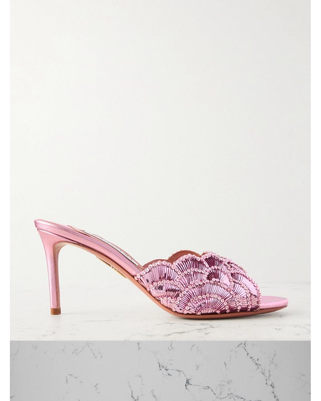 Aquazzura Ce Soir 75 Embellished Scalloped Metallic Leather Mules