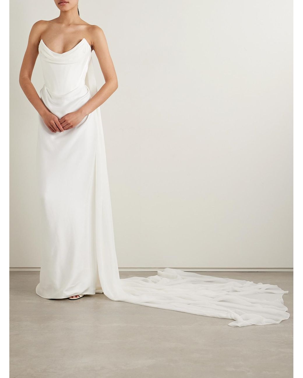 Vivienne Westwood White Galaxy Cape-Effect Strapless Organic Silk Chiffon-Trimmed Satin Gown
