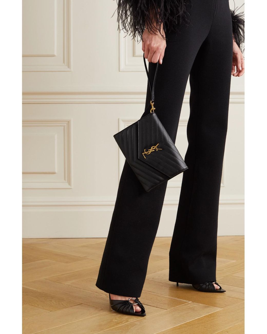 Saint Laurent Black Monogramme Quilted Textured-Leather Pouch