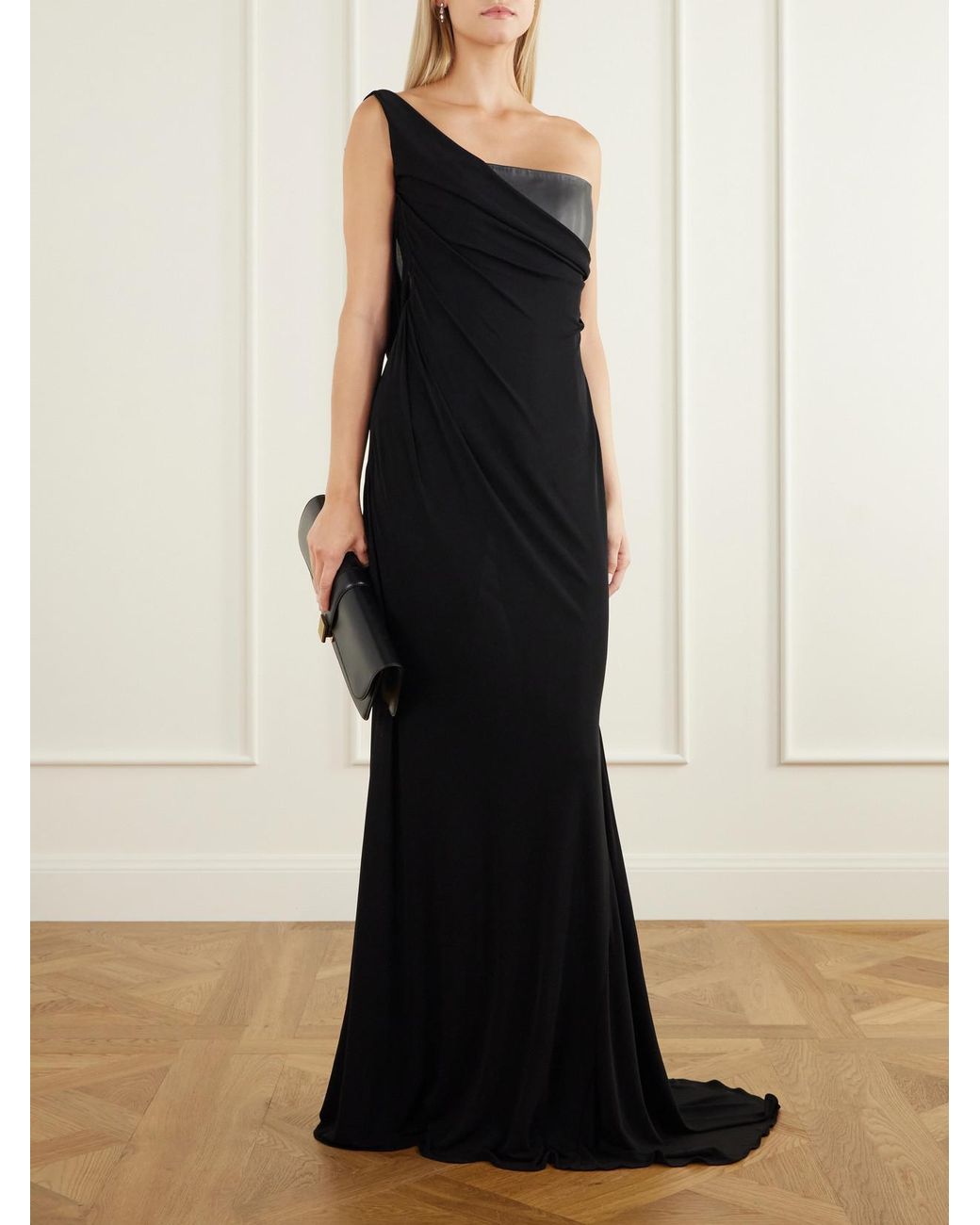 Alex Perry Black Asymmetric Leather And Jersey Gown