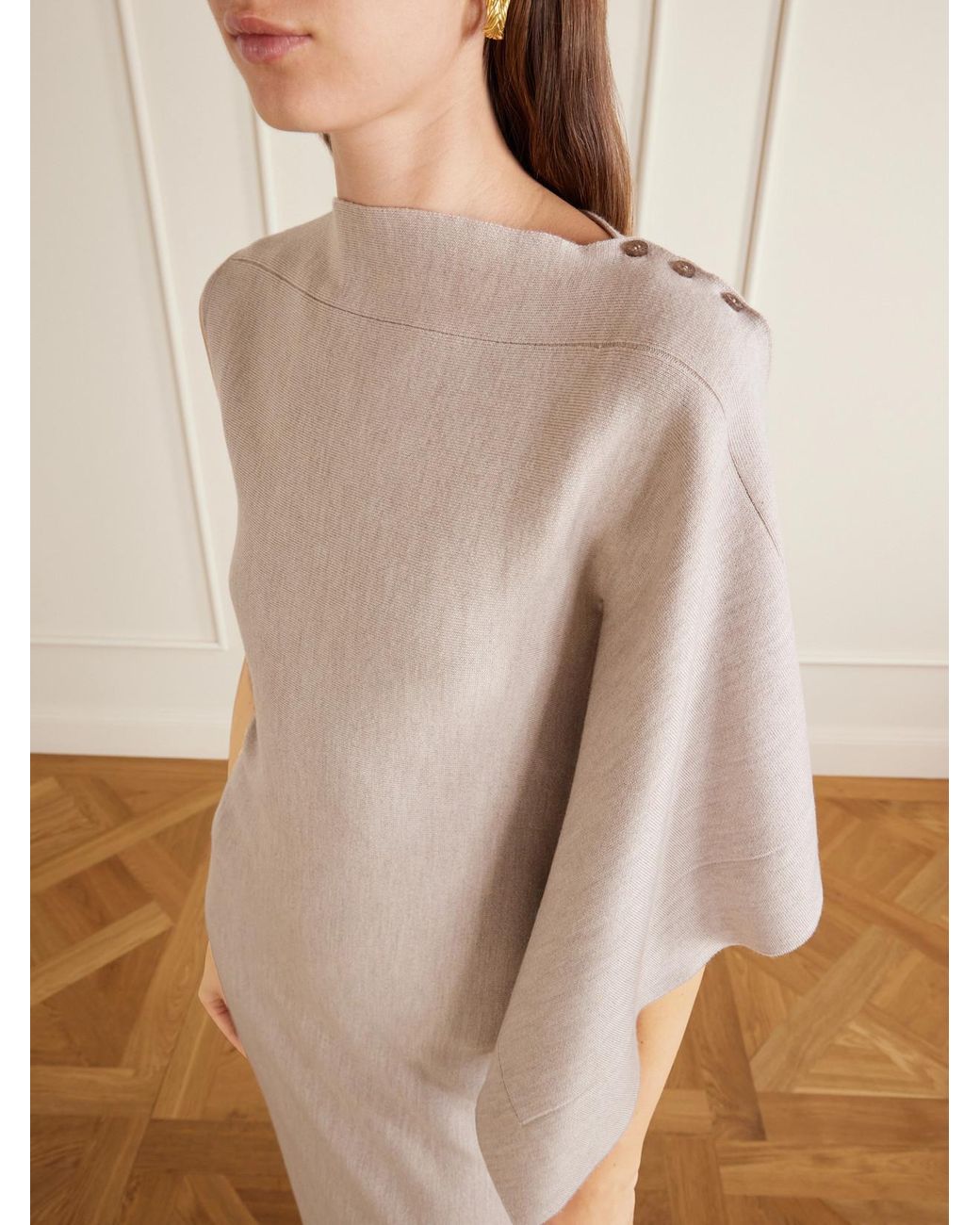 Oscar de la Renta Natural Draped Wool-Blend Knitted Midi Dress