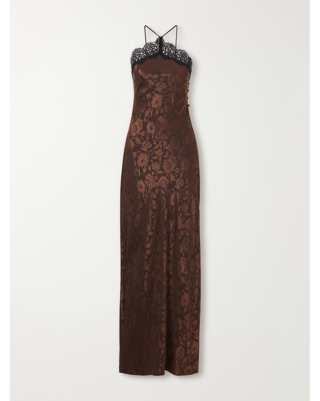 Veronica Beard Brown Rue Lace-Trimmed Floral-Jacquard Silk-Blend Satin Gown