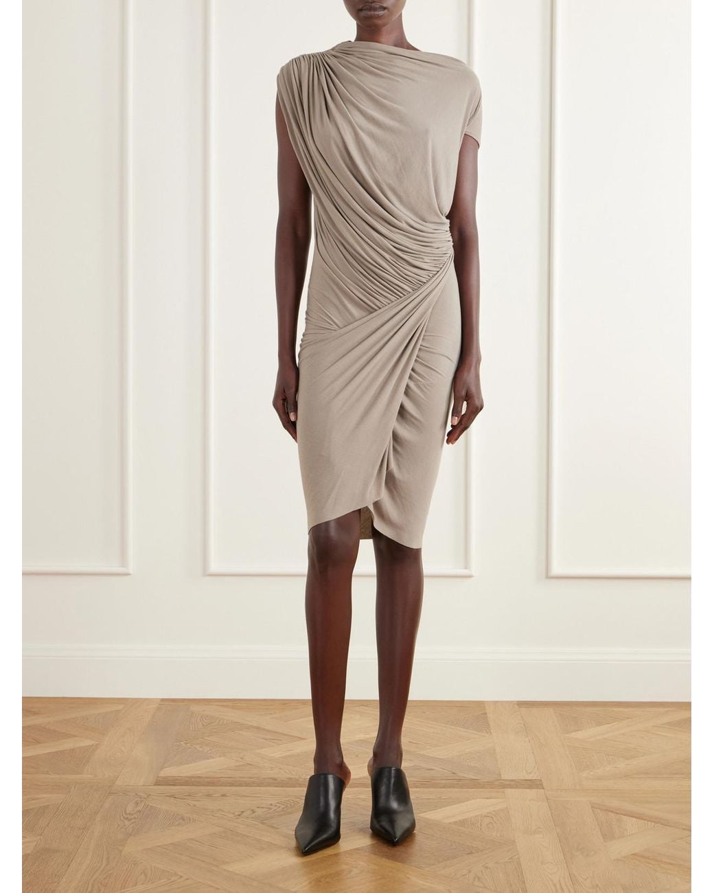 Rick Owens Natural Ares Asymmetric Draped Gathered Stretch-Jersey Mini Dress