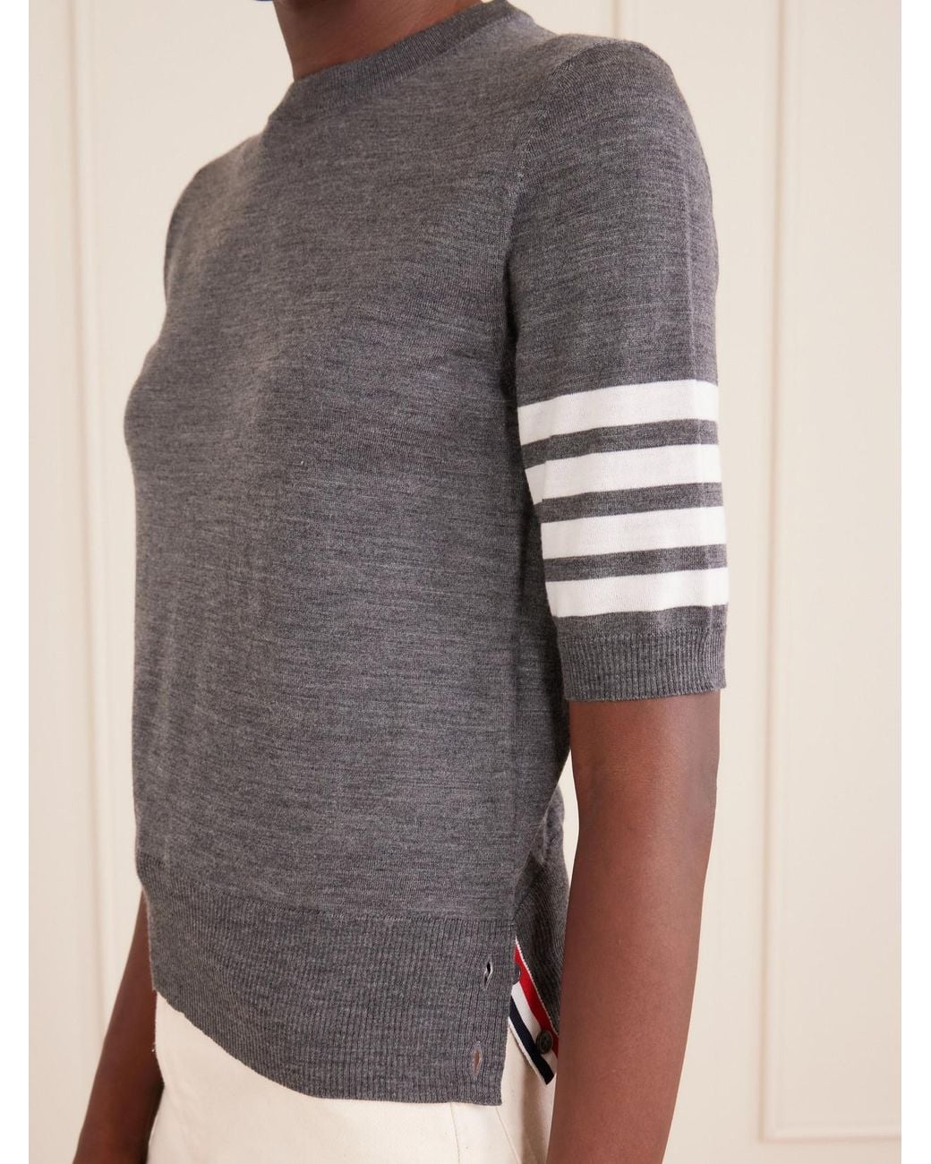 Thom Browne Gray Grosgrain-Trimmed Striped Wool-Blend Sweater