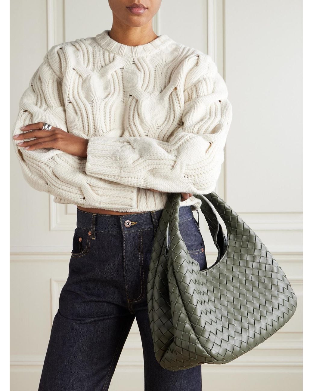 Bottega Veneta Gray Campana Intrecciato Leather Shoulder Bag