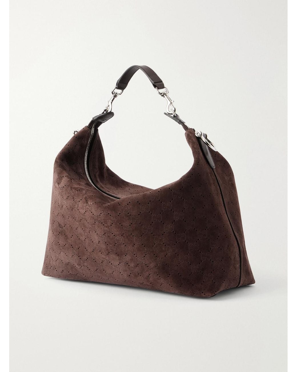 Gucci Brown Brera Web-Trimmed Perforated Suede Shoulder Bag
