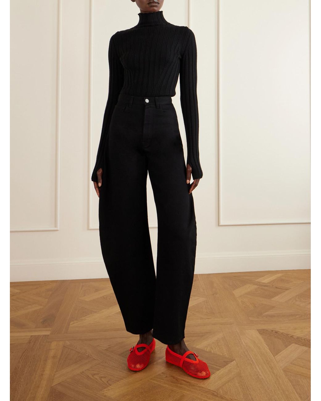 Alaïa Red Suede-Trimmed Mesh Ballet Flats