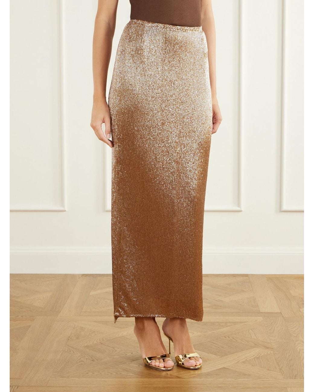 Wiederhoeft Natural Bead-Embellished Mesh Midi Skirt