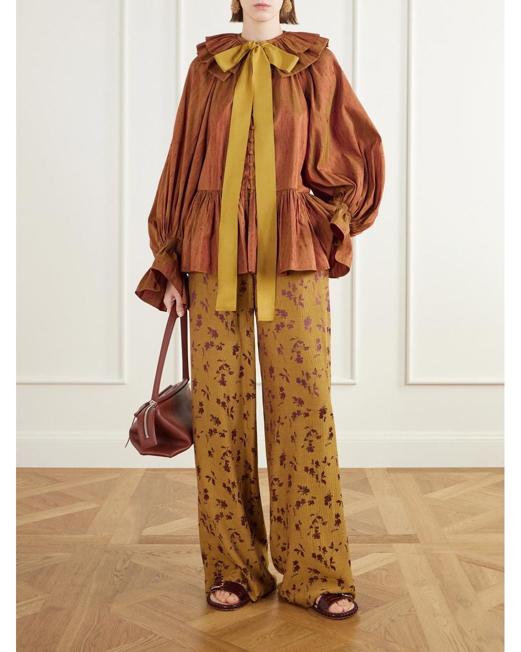 Christopher John Rogers Orange Pussy-Bow Ruffled-Collar Gathered Silk-Dupioni Blouse