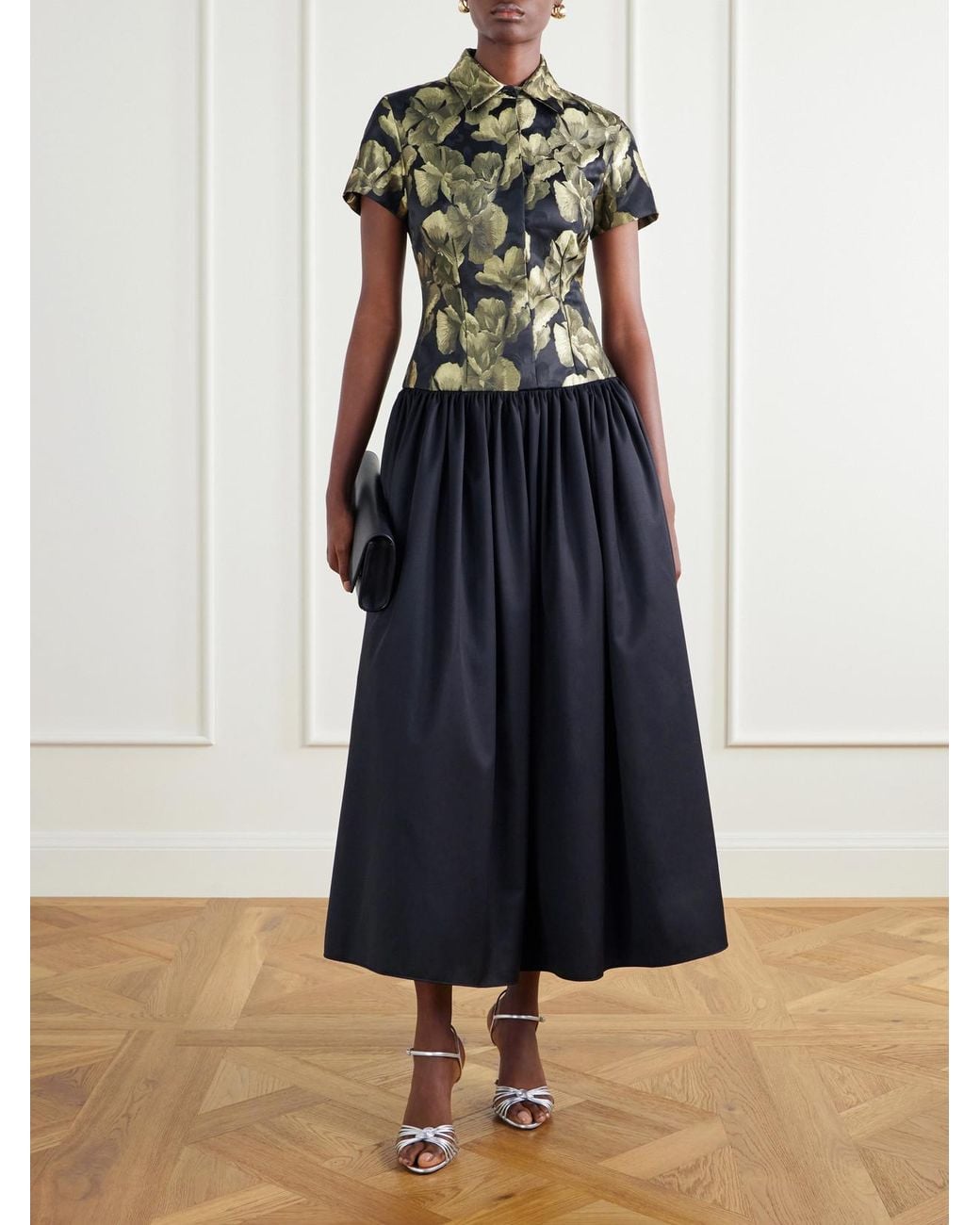 Abadia Black Gathered Floral-Brocade And Twill Midi Dress