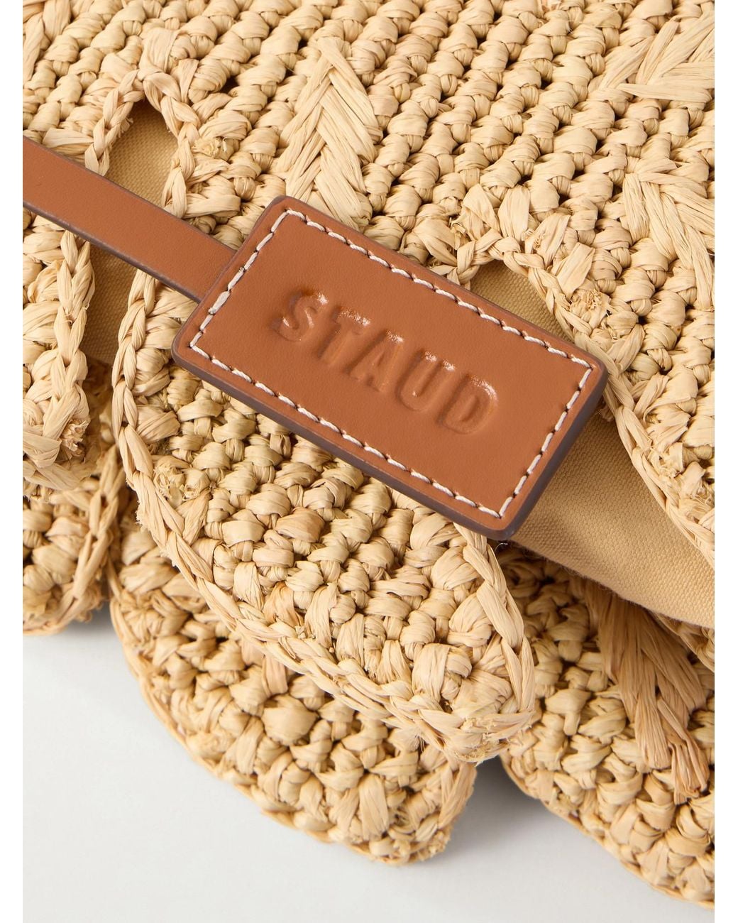 Staud Metallic Palm Leather-Trimmed Raffia Top Handle Bag