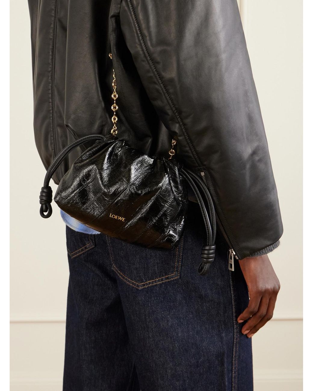 Loewe Black Flamenco Mini Leather-Trimmed Crinkled-Eel Clutch