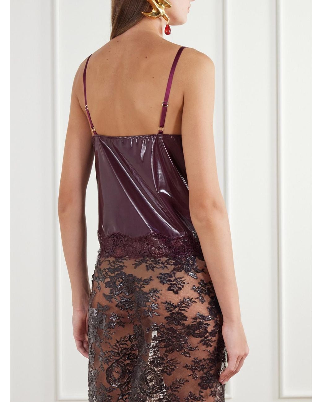 Saint Laurent Purple Lace-Trimmed Silicone-Coated Silk-Jersey Cami