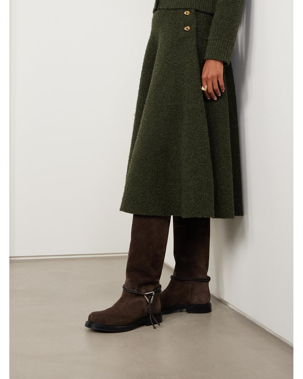 Bottega Veneta Brown James Intrecciato Leather-Trimmed Suede Knee Boots