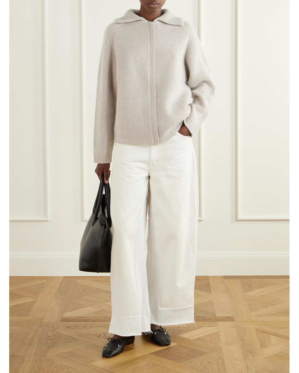 LeKasha Natural Ribbed Cashmere Zip-Up Cardigan
