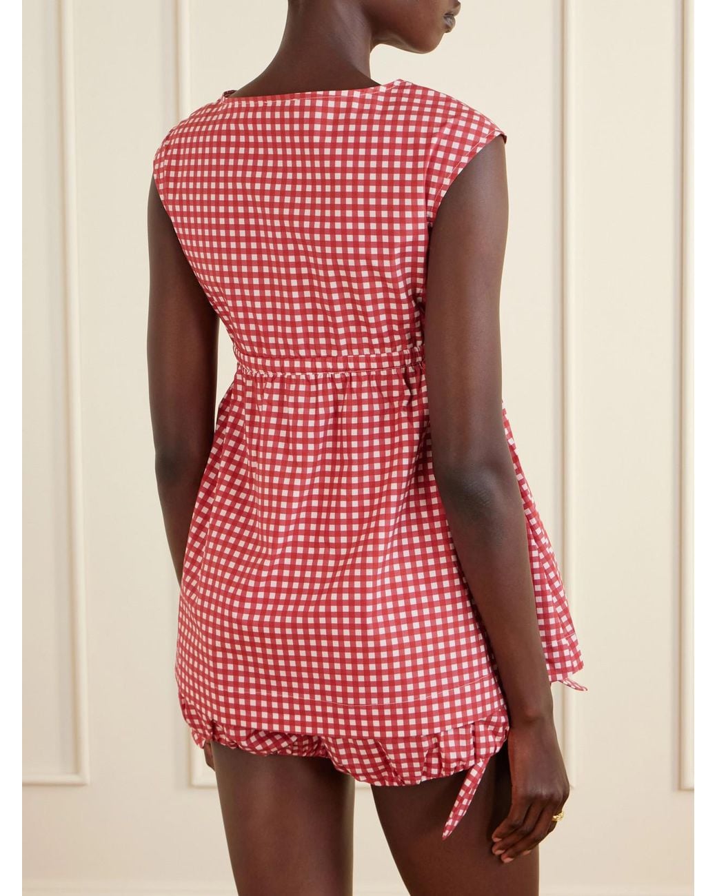 Posse Red Lindie Bow-Detailed Checked Cotton-Poplin Top