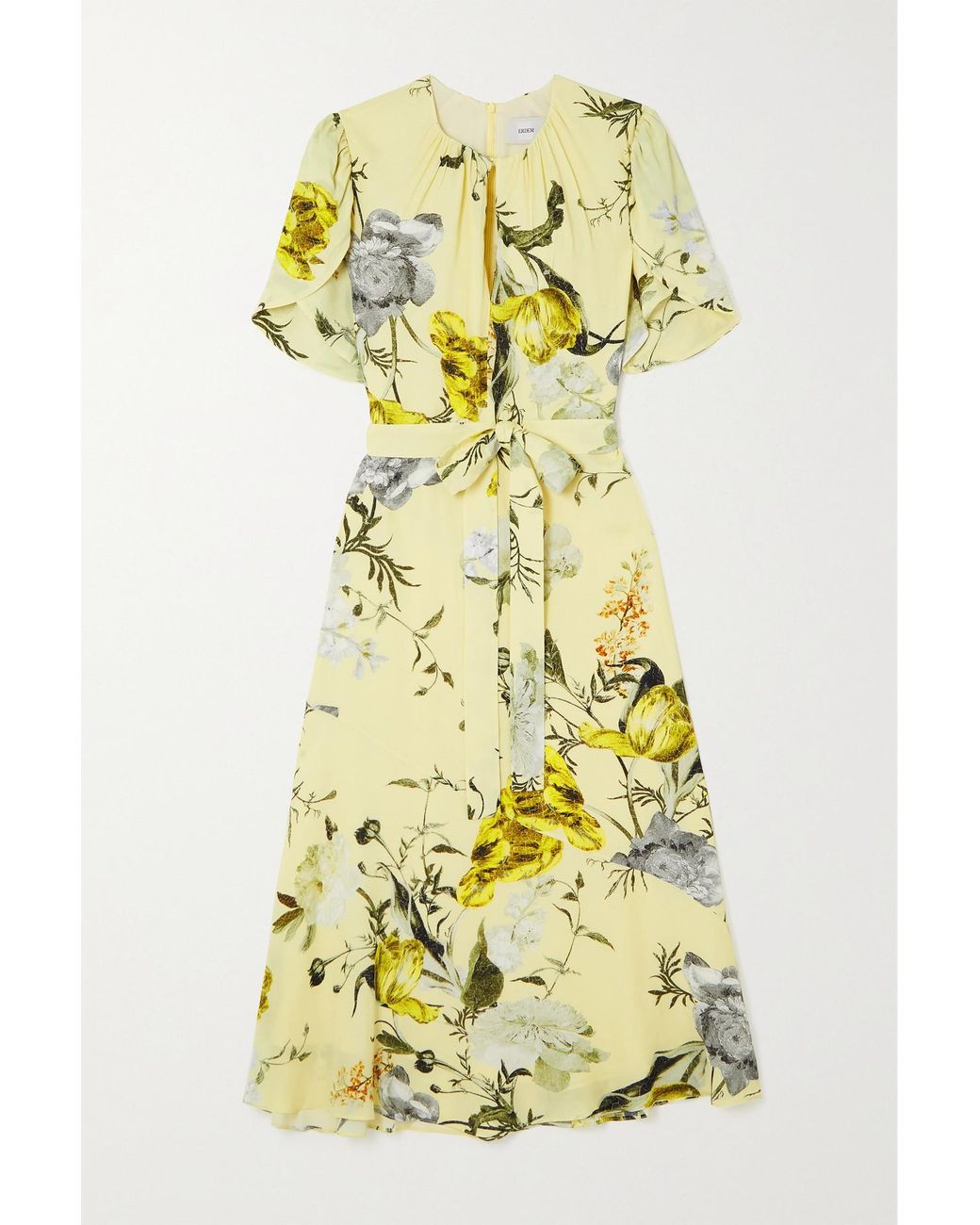 Erdem Laurelle Belted Gathered Floral-print Crepe De Chine Midi Dress in  Yellow | Lyst Canada