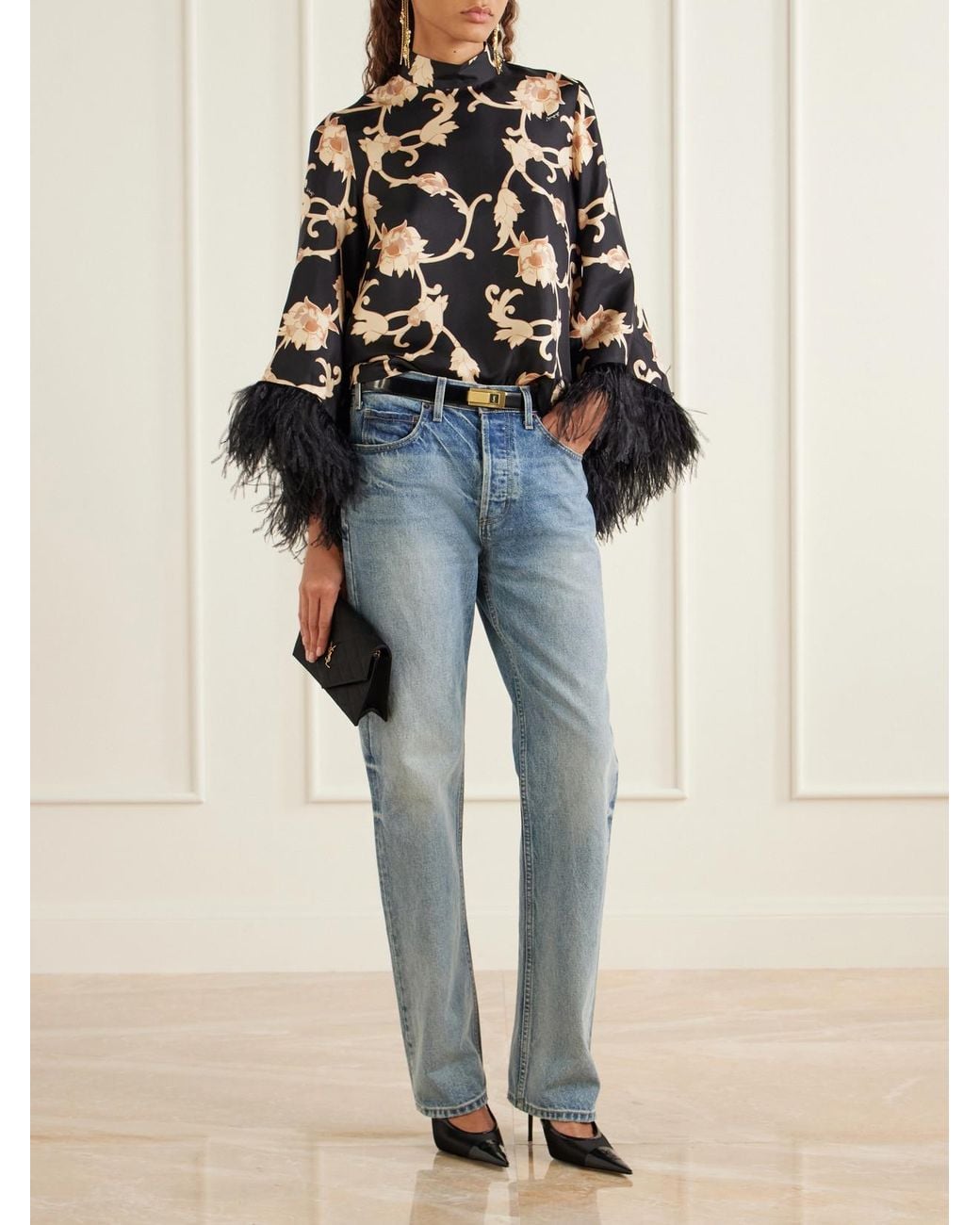 LaDoubleJ Black Make An Exit Feather-Trimmed Printed Silk-Twill Blouse