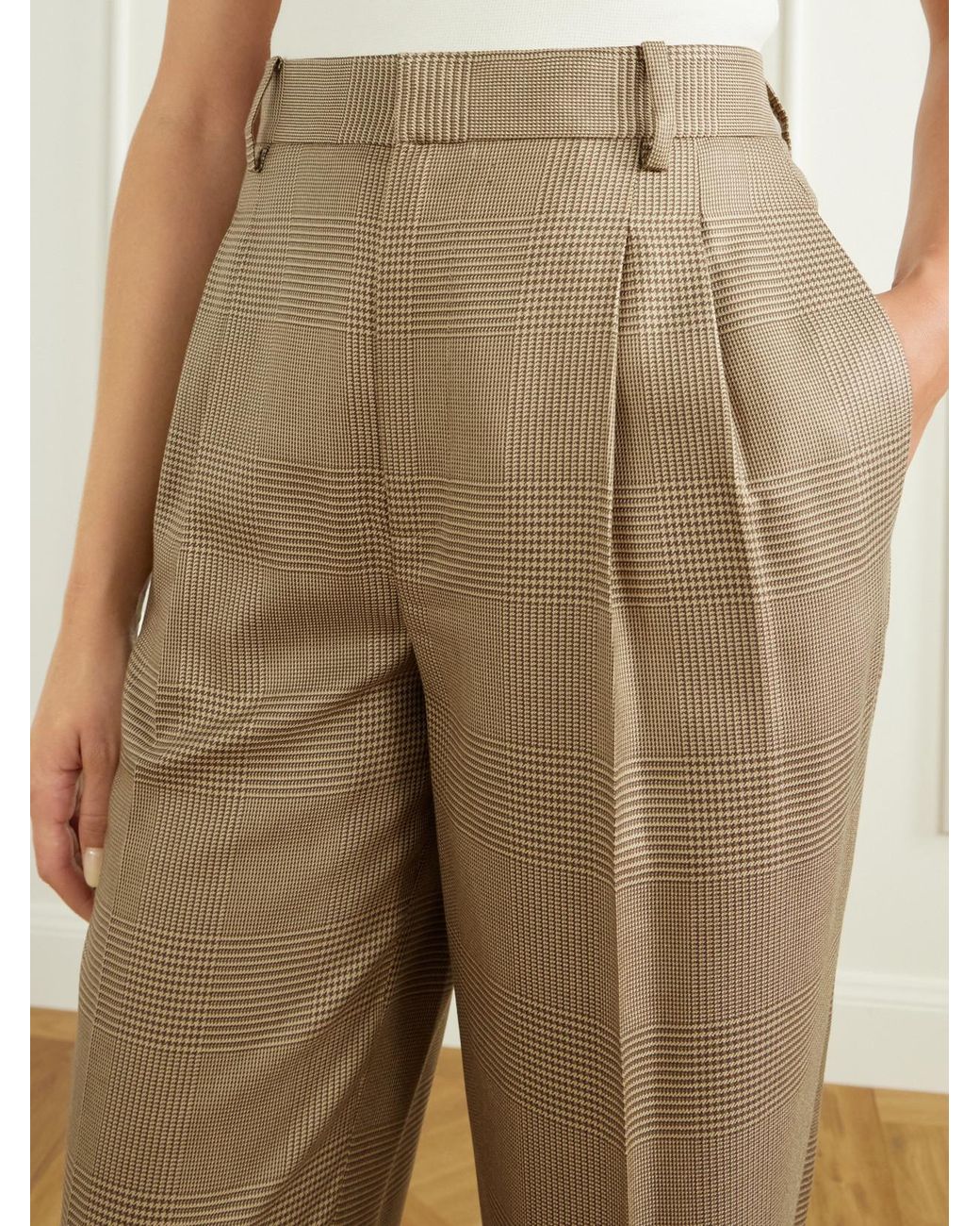 Ralph Lauren Natural Timothy Pleated Prince Of Wales Checked Silk Straight-Leg Pants