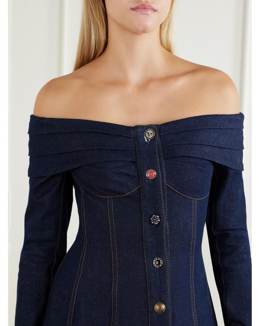 Zimmermann Blue Clash Off-The-Shoulder Pleated Denim Mini Dress