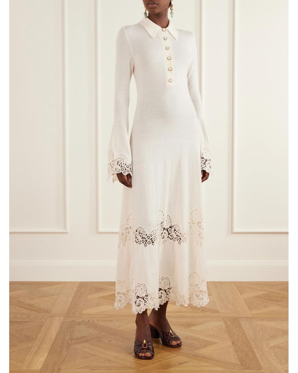 Zimmermann White Clash Crochet-Trimmed Wool Midi Dress
