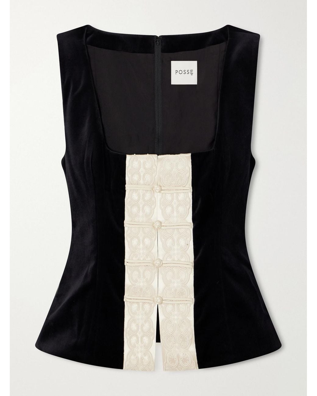 Posse Black Florian Embroidered Satin-Trimmed Cotton-Velvet Top