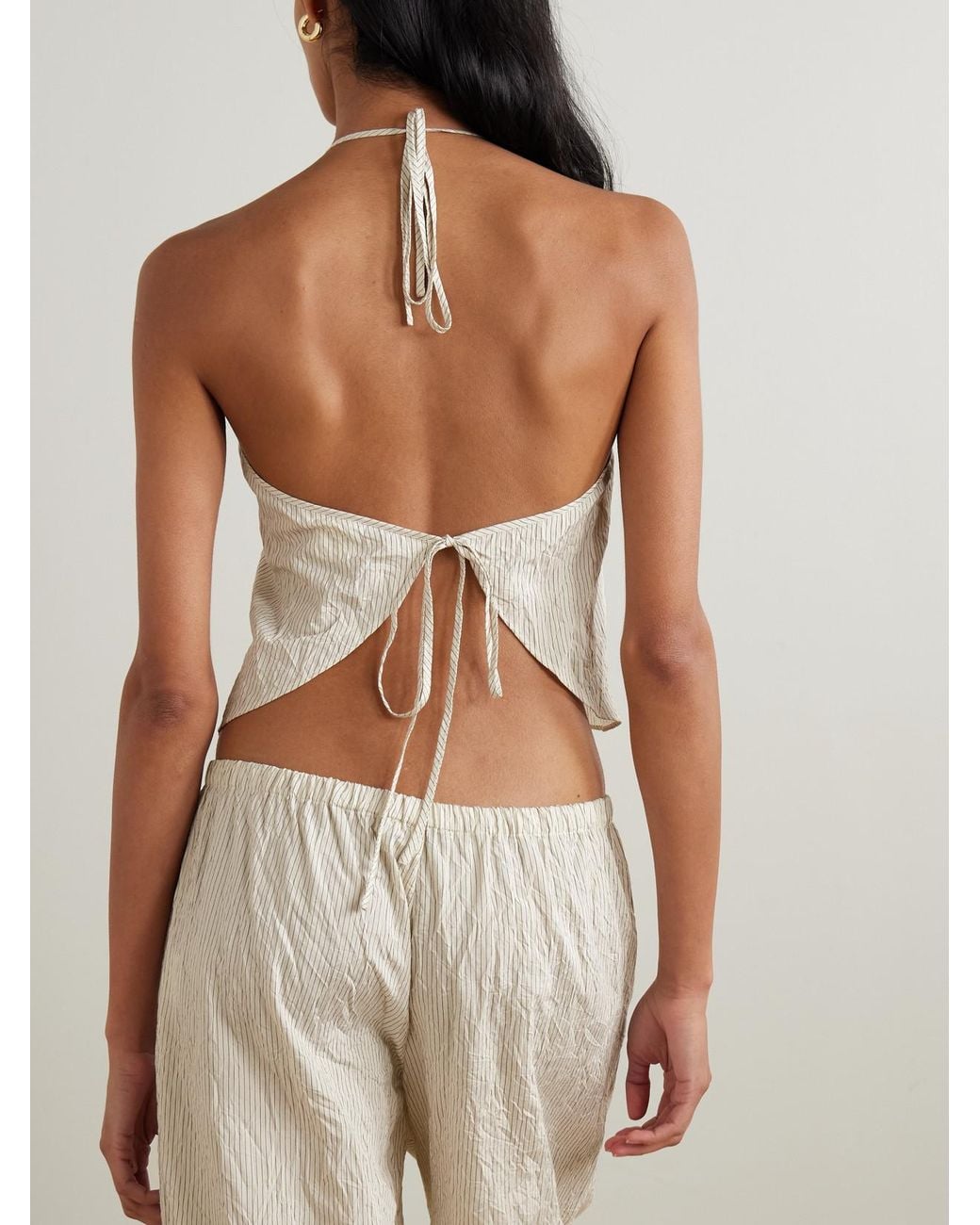 St. Agni Crinkled Pinstriped Woven Halterneck Tank in White | Lyst