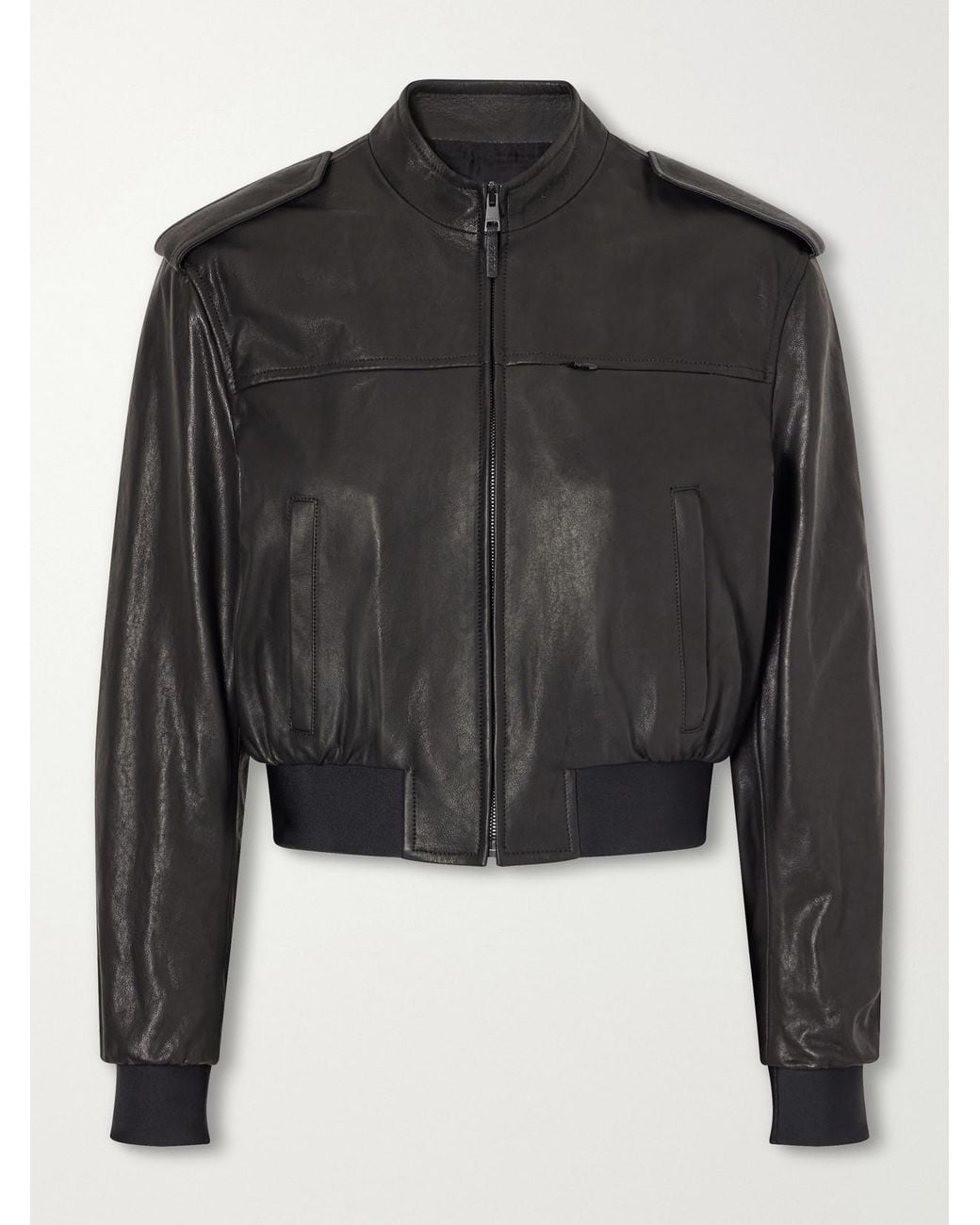 Gucci Black Cropped Paneled Rib-Trimmed Leather Jacket