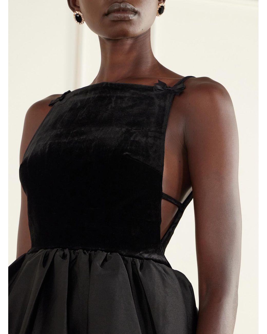 Self-Portrait Black Bow-Detailed Peplum Satin-Trimmed Velvet Top