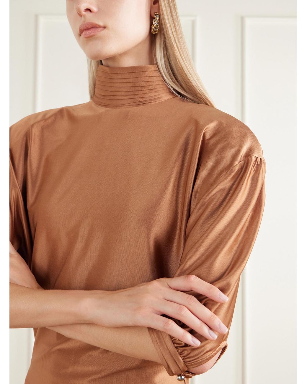 Rabanne Brown Stretch-Satin Turtleneck Blouse
