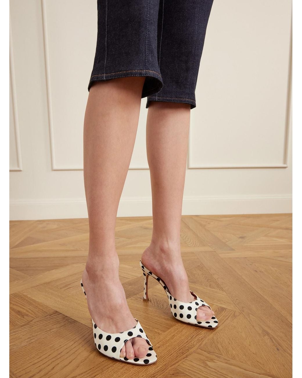 AMINA MUADDI Natural Alexa Polka-Dot Satin Mules