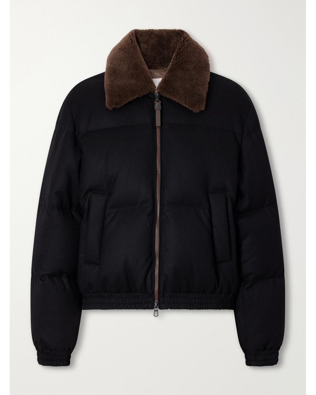 Brunello Cucinelli Black Quilted Shearling-Trimmed Wool-Twill Down Jacket