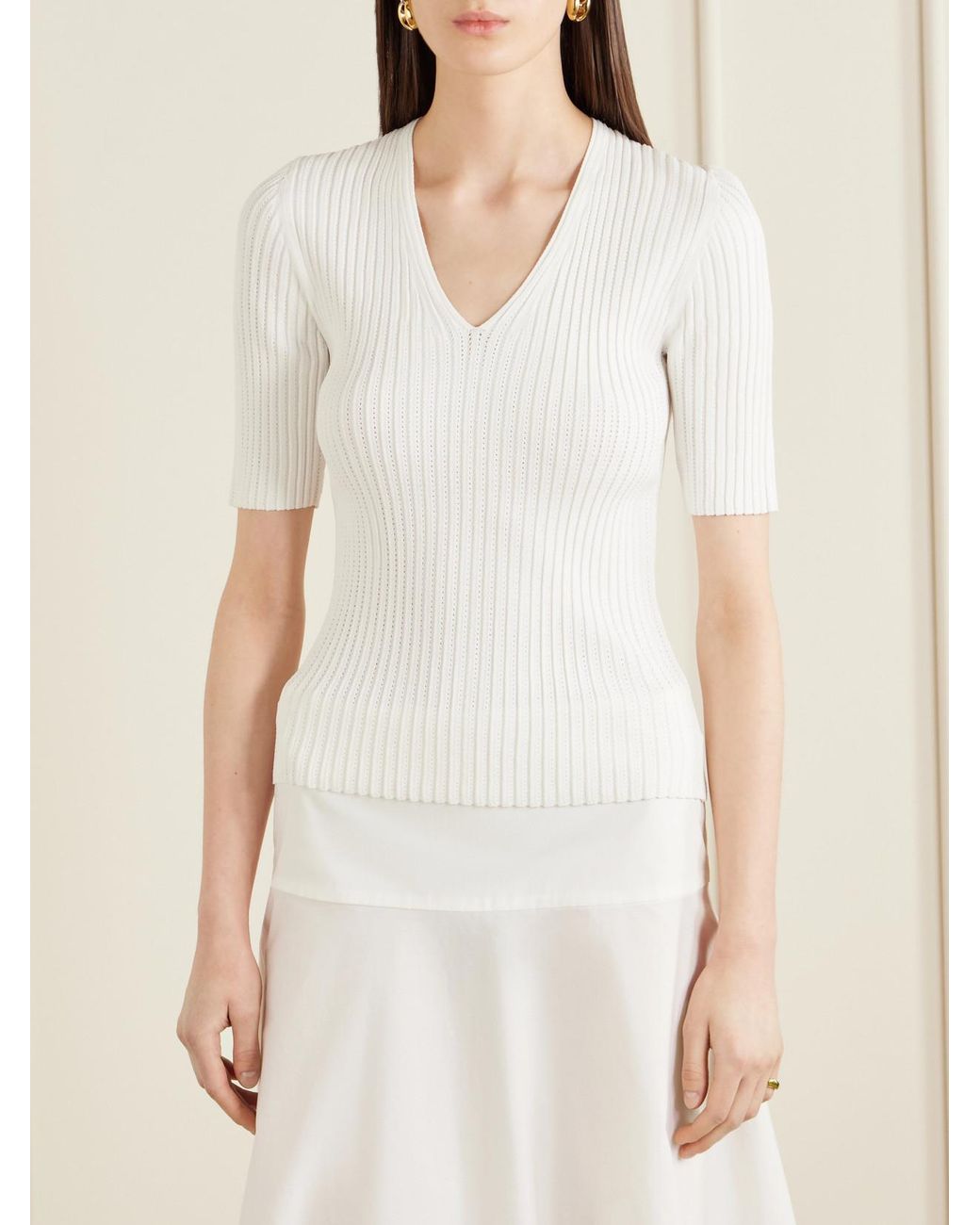 Theory White Pointelle-Knit Crepe T-Shirt