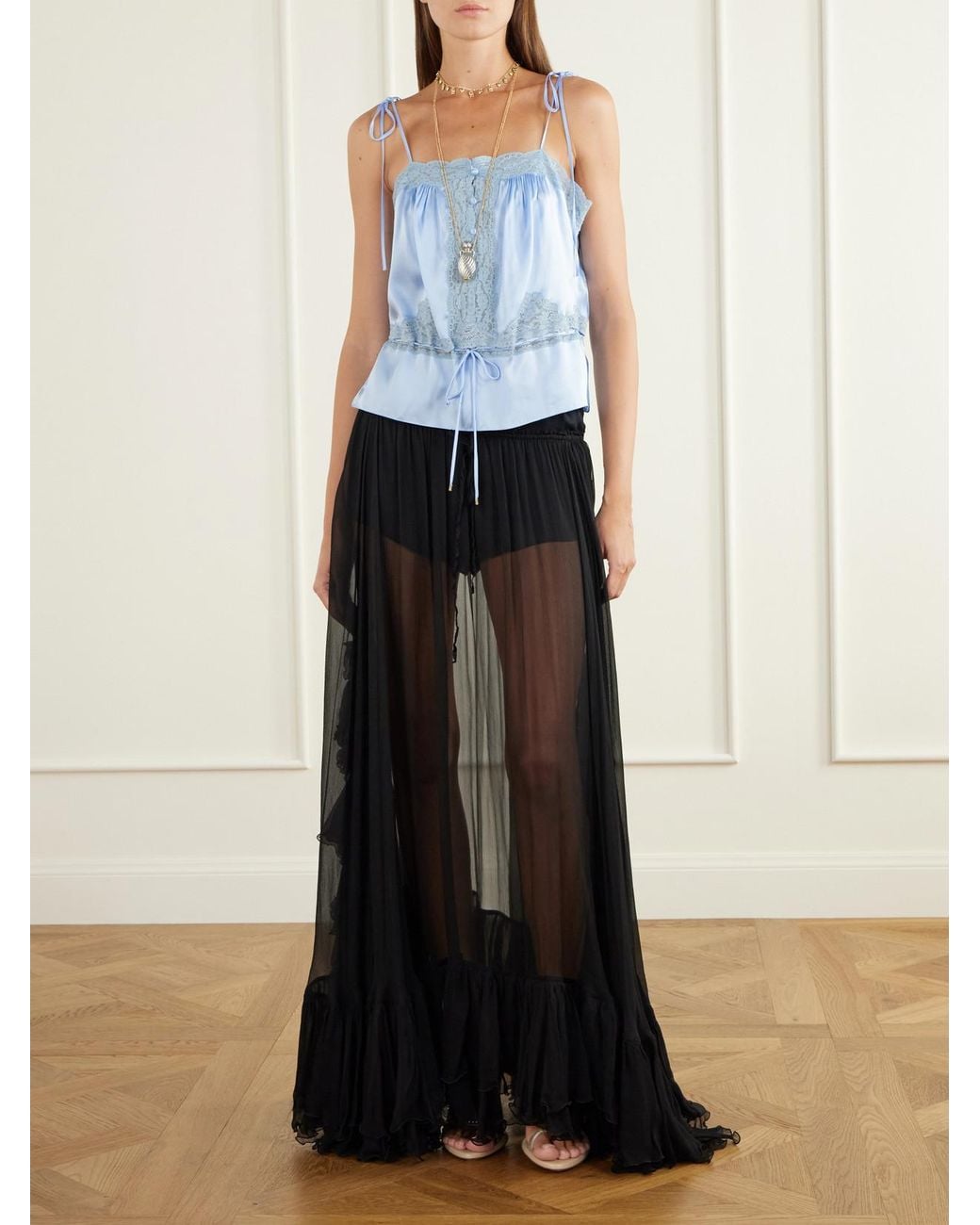 Chloé Blue Lace-Trimmed Silk-Satin Tank