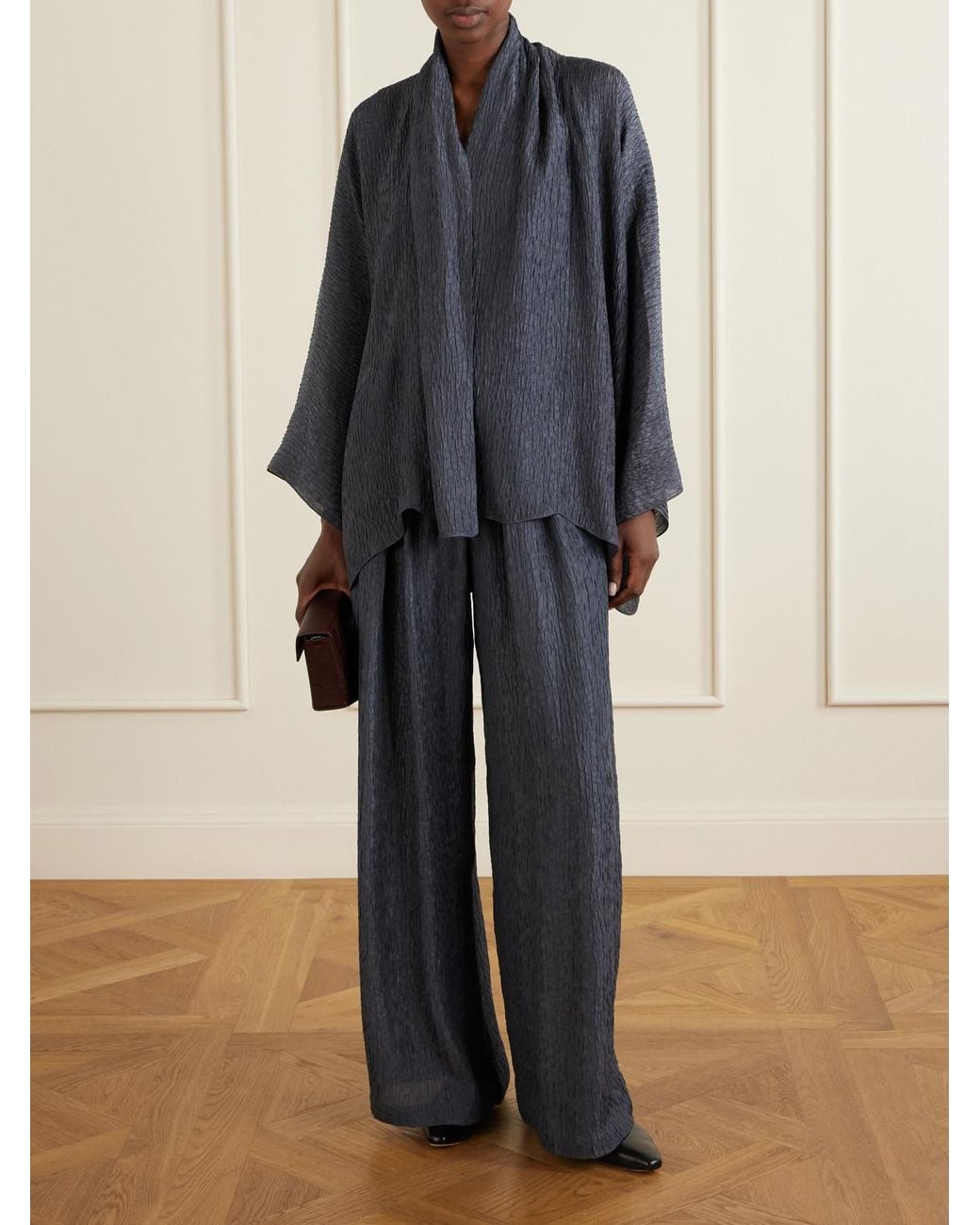 Cortana Blue Anhelo Crinkled Silk-Charmeuse Wide-Leg Pants
