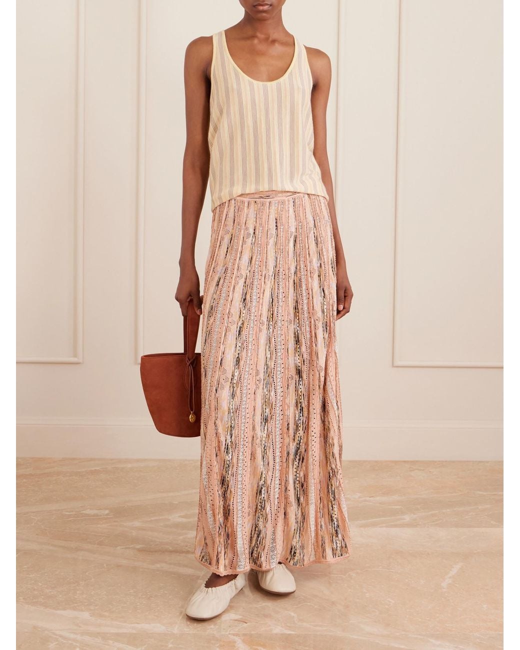 Ulla Johnson Natural Clio Striped Pointelle-Knit Midi Skirt