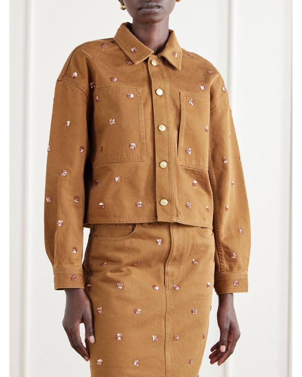 Ulla Johnson Brown The Bobbi Cropped Sequin-Embellished Denim Jacket