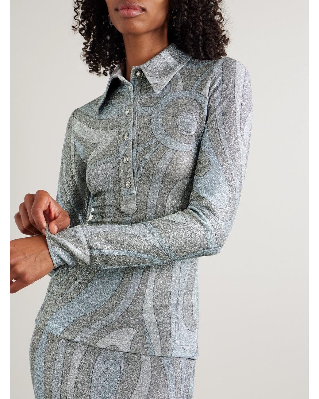 Emilio Pucci Blue Printed Metallic Jersey Polo Shirt