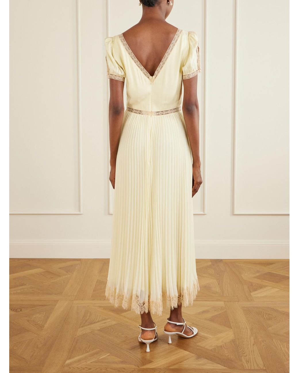 Self-Portrait Natural Lace-Trimmed Pleated Crepe Midi Dress