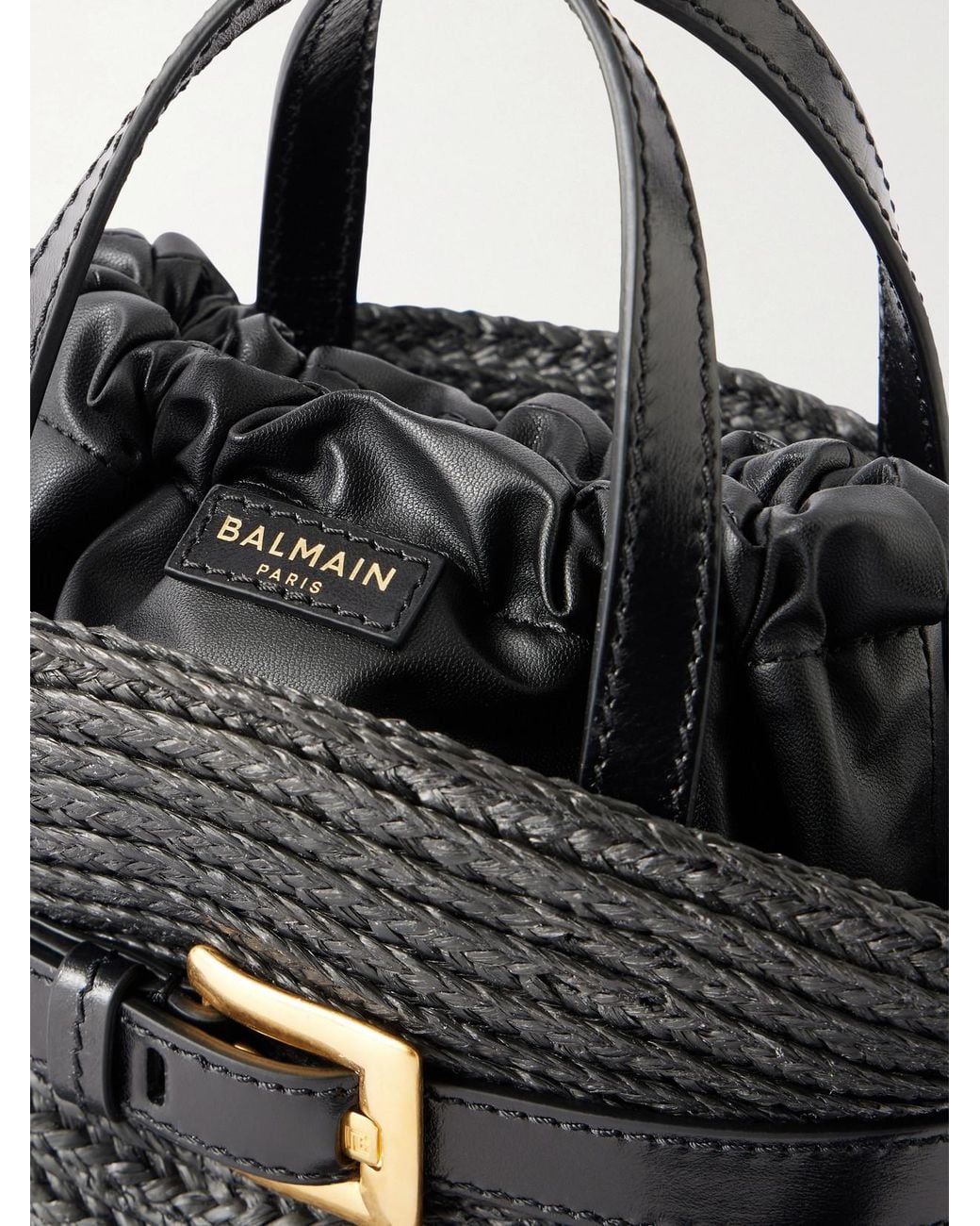 Balmain Black Shuffle Mini Buckled Leather-Trimmed Raffia Shoulder Bag