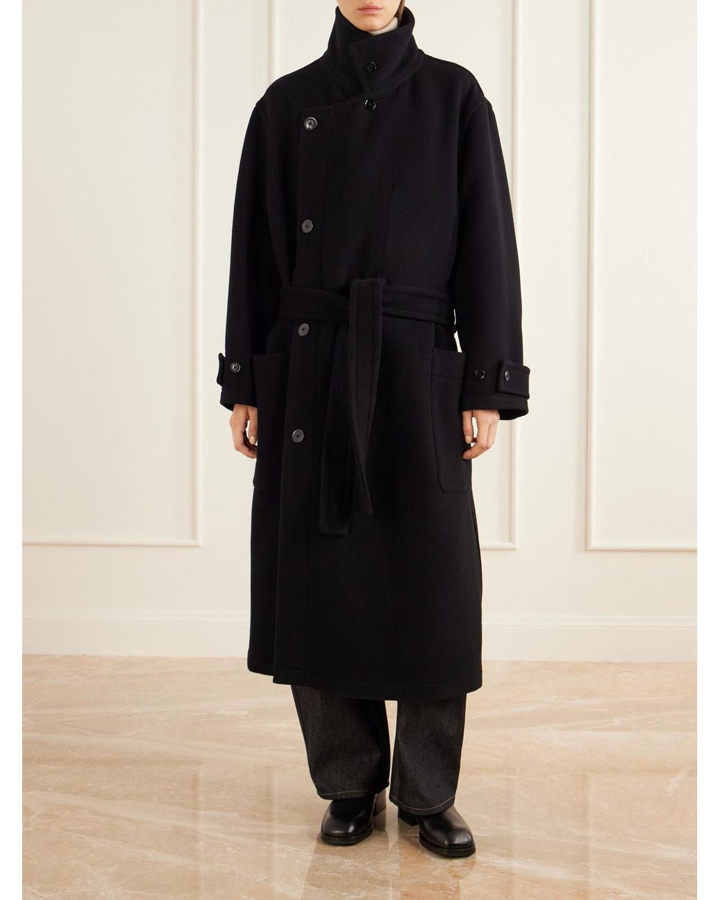 Lemaire Black Belted Double-Breasted Wool-Felt Coat