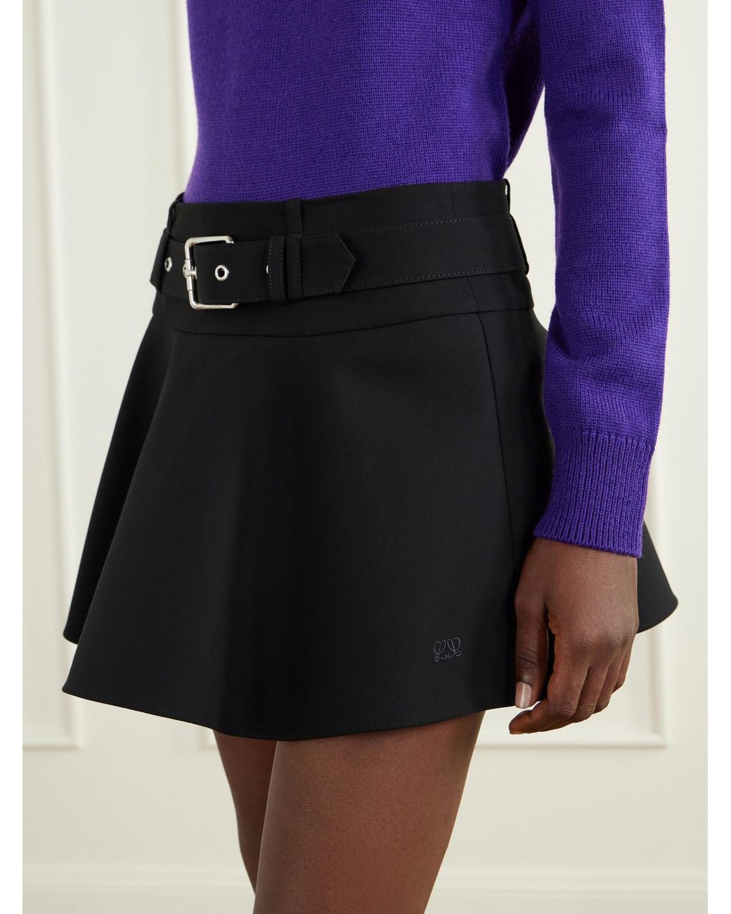 Loewe Black Anagram-Embroidered Pleated Cotton Mini Skirt