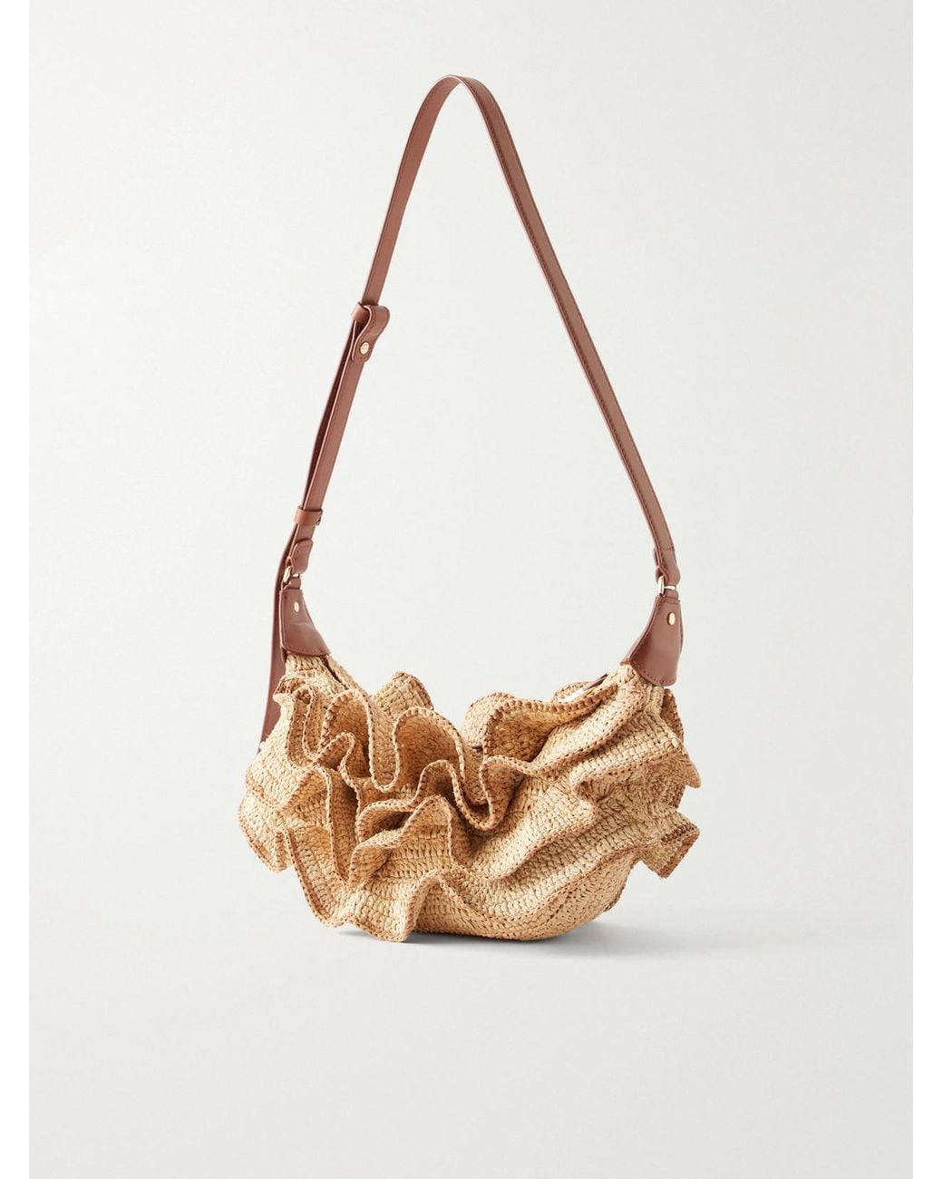 Zimmermann Natural Goldentime Ruffled Leather-Trimmed Raffia Shoulder Bag