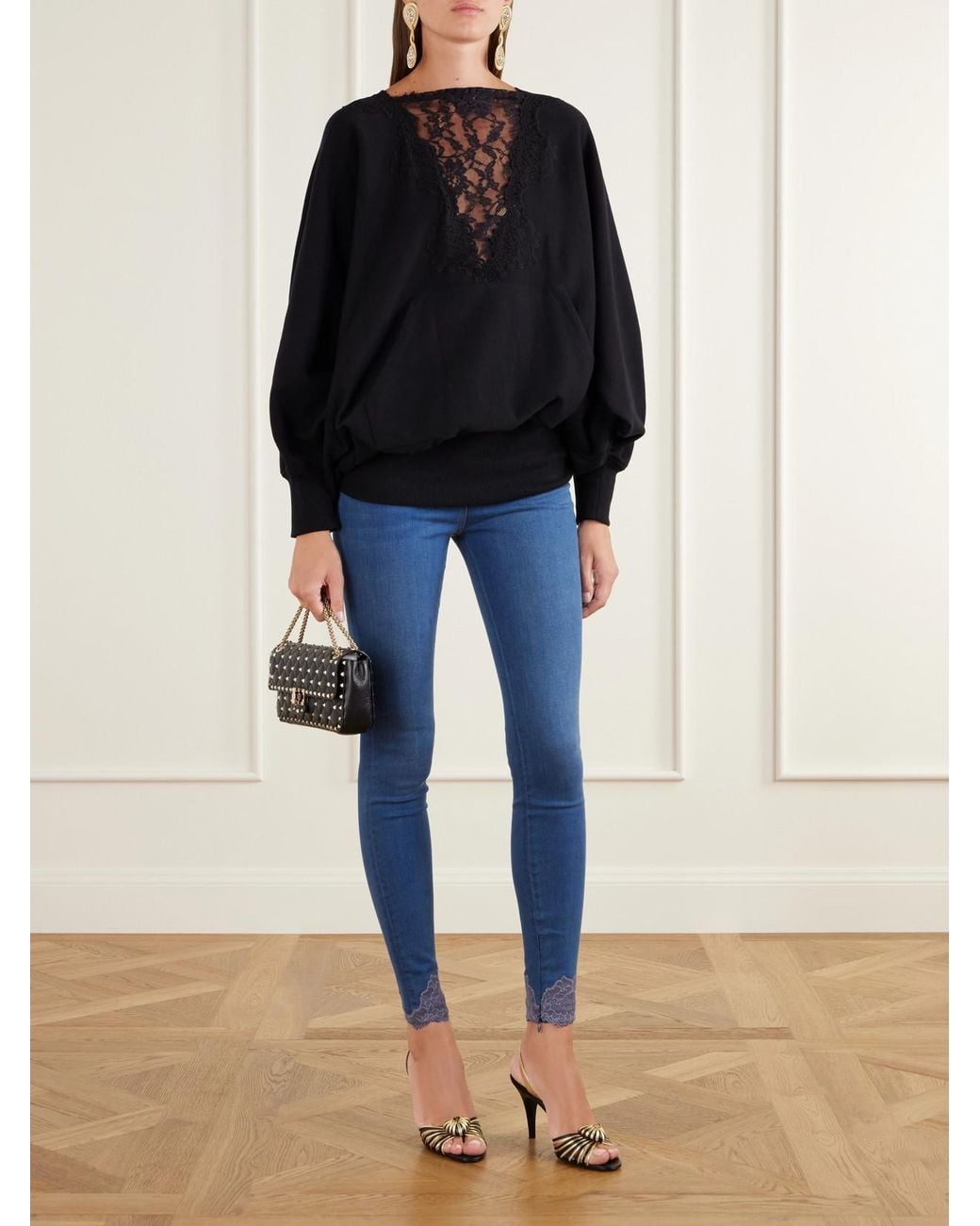 Valentino Garavani Blue Lace-Trimmed High-Rise Skinny-Leg Jeans