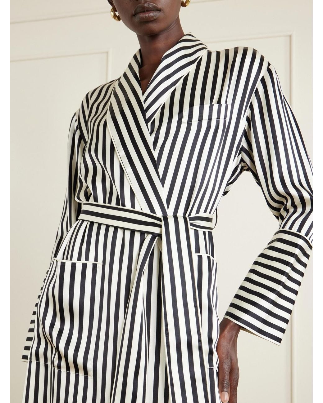 Olivia Von Halle White Nika Belted Striped Silk-Satin Robe