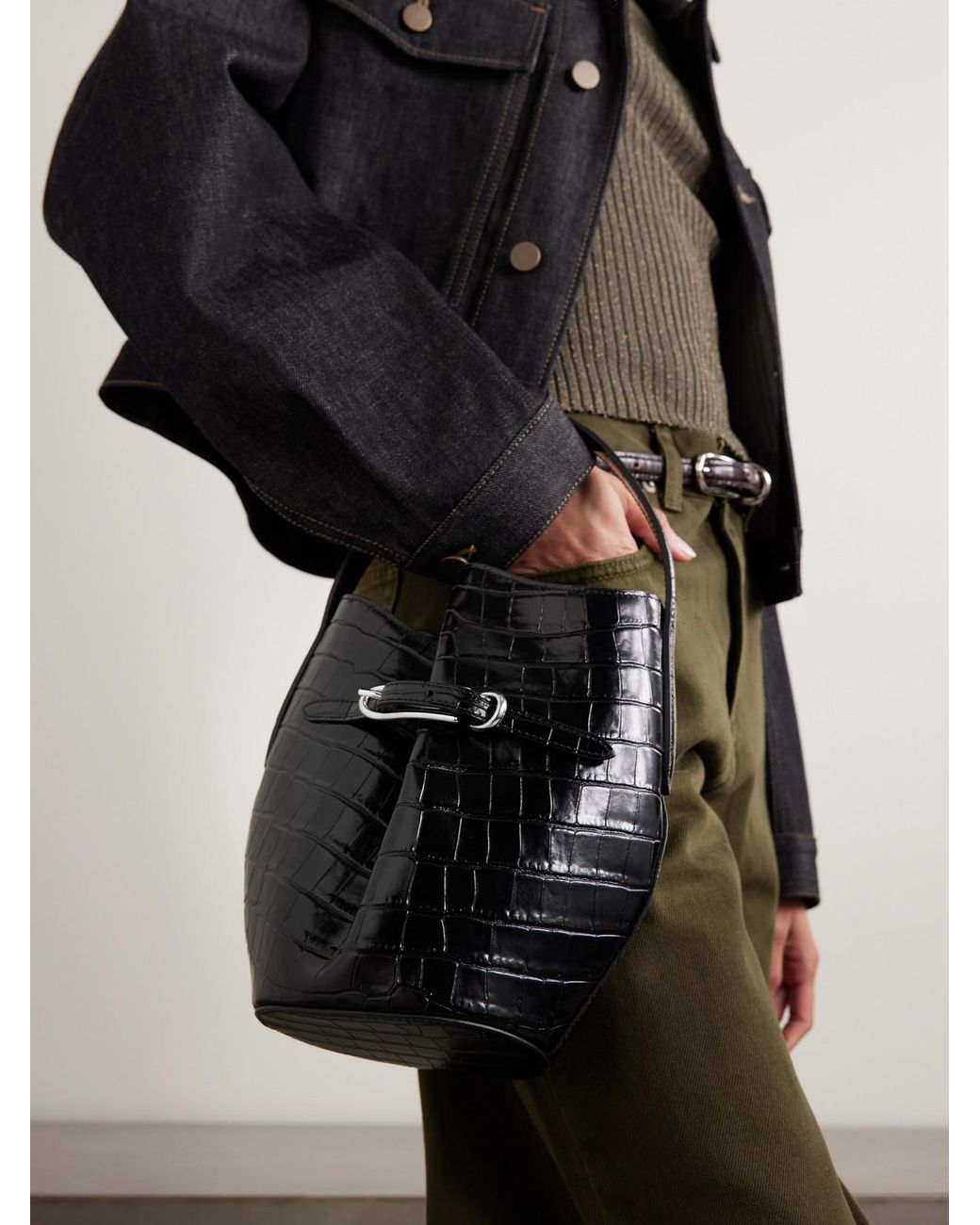 Liffner Black Buckled Croc-Effect Glossed-Leather Bucket Bag