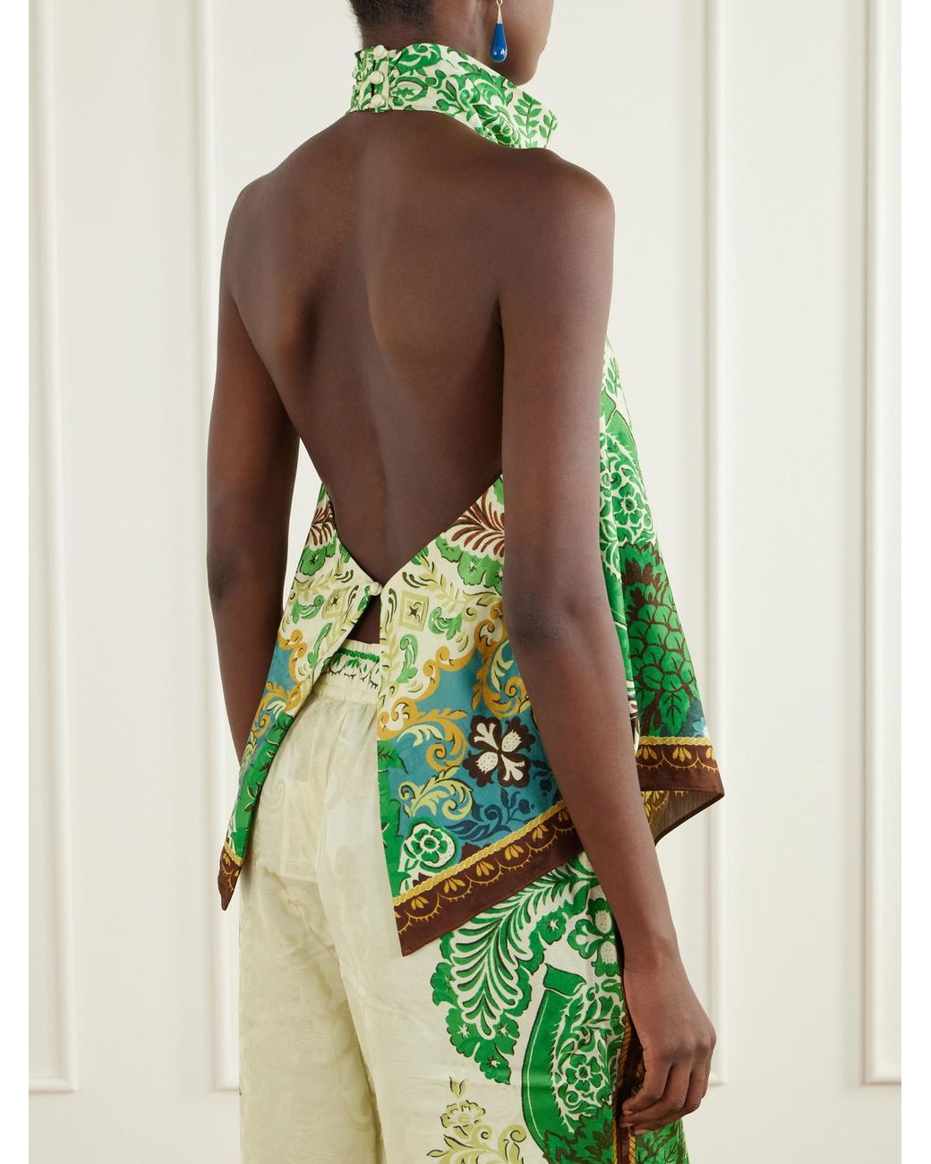 ALÉMAIS Green Florence Floral-Jacquard Satin Top