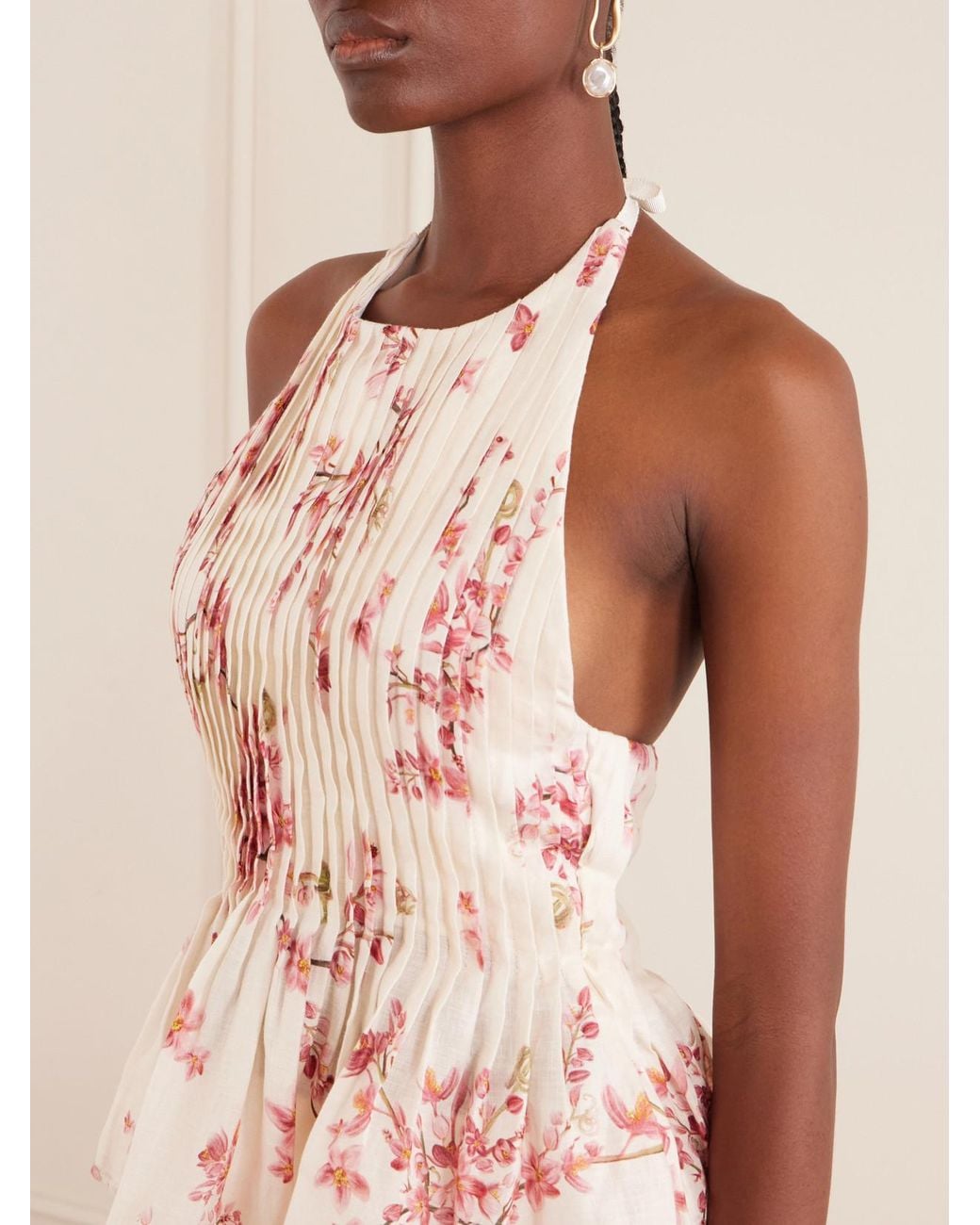 Agua Bendita Pink Pleated Floral-Printed Linen Blouse
