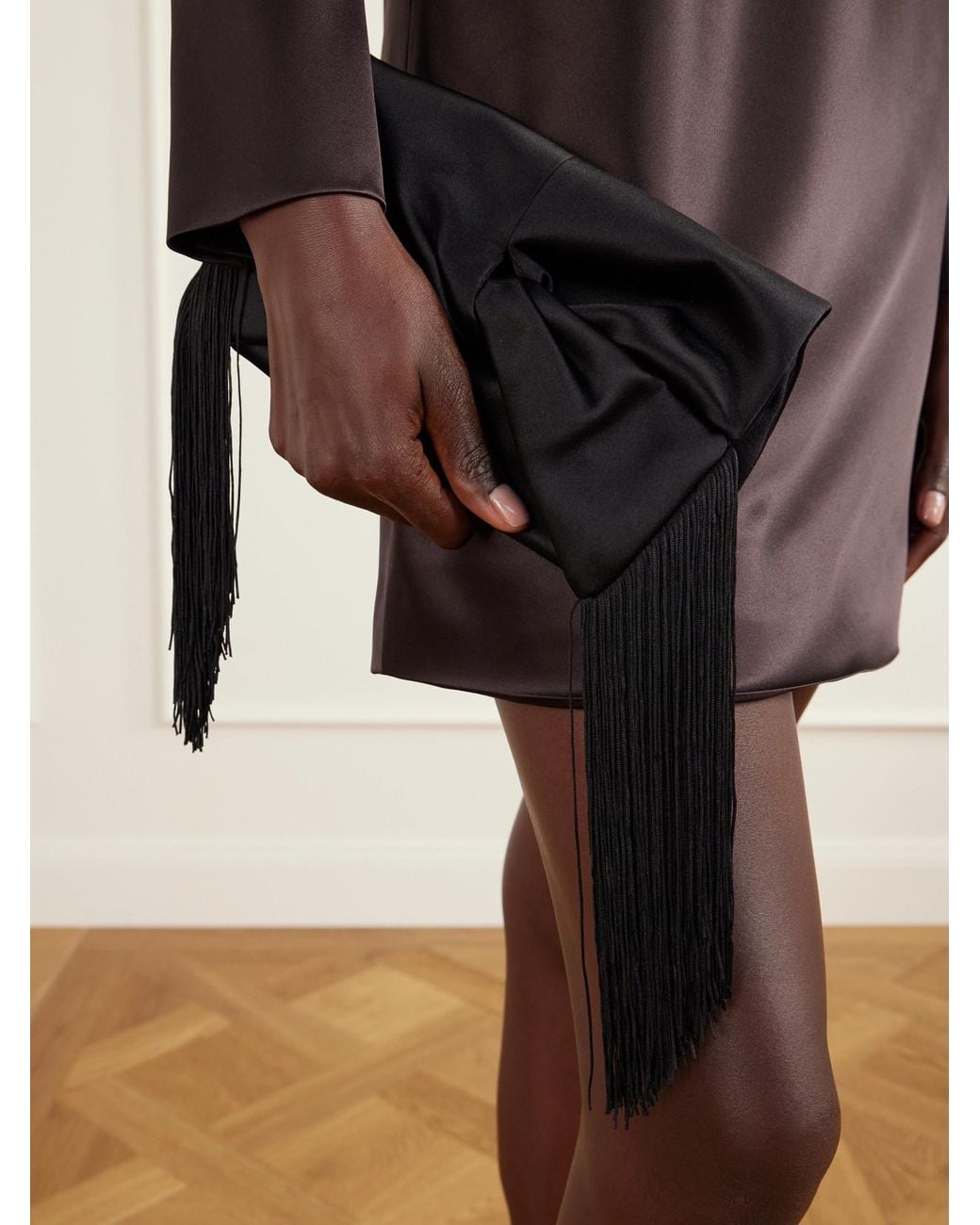 Anya Hindmarch Black Bow Fringed-Trimmed Satin Clutch